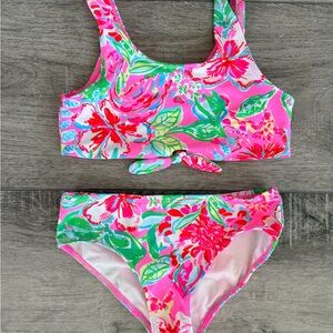 Lilly Pulitzer Pink Floral Knot-Front Kids Bikini